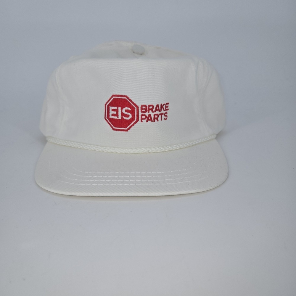 EIS Brake Parts 90s White Rope Snapback Leather Strap Hat Vintage Red Logo 70559